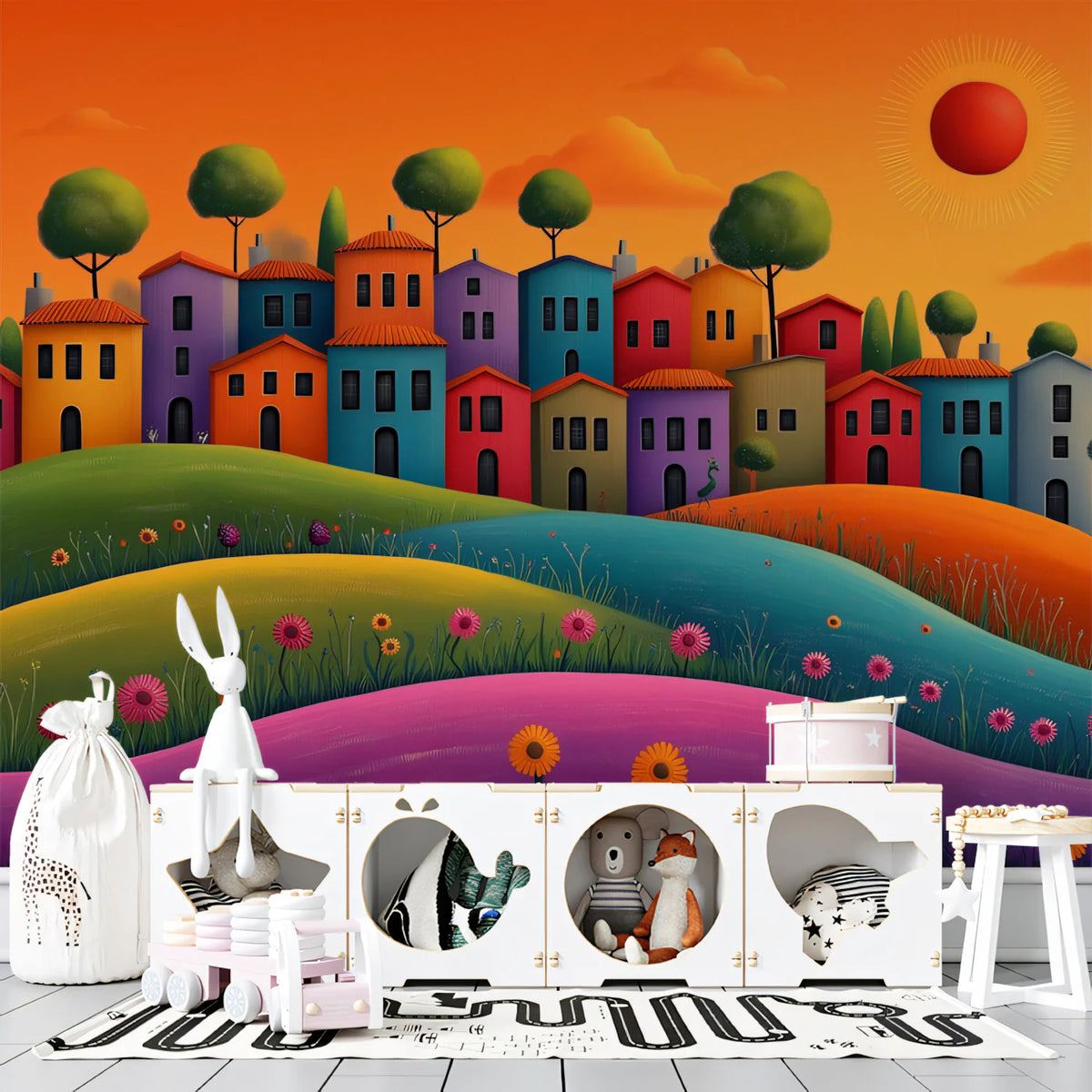 Sunset Hillside Village Mural Wallpaper — Whimsical Landscape Mural Wallpaper - pure wallpaper artwork
