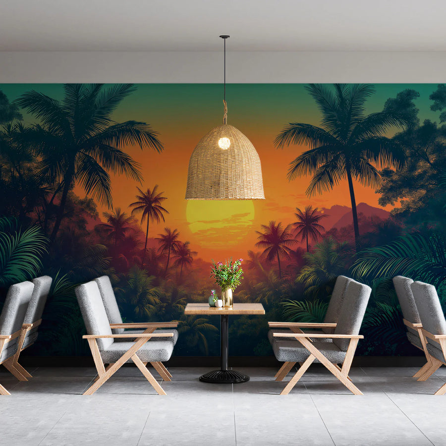 Dramatic Sunset in a Lush Tropical Jungle Mural Wallpaper Vibrant Exotic Landscape Mural Wallpaper
