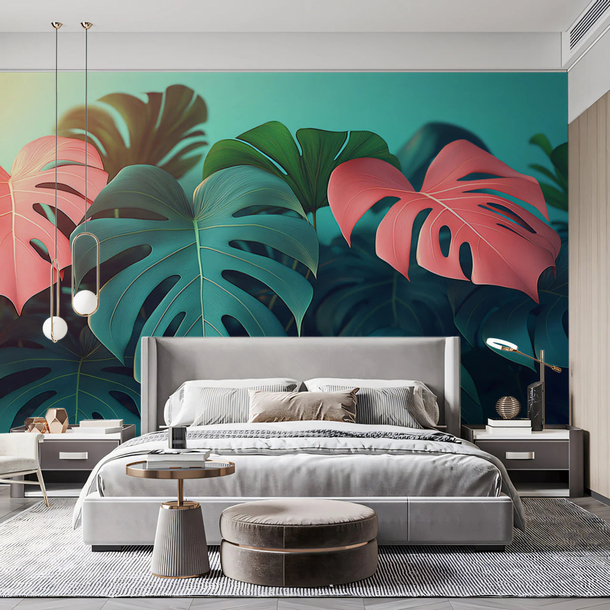Vibrant Tropical Monstera Leaves with Pink Accents Mural Wallpaper Colorful Botanical Art Mural Wallpaper - pure wallpaper artwork