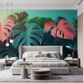 Vibrant Tropical Monstera Leaves with Pink Accents Mural Wallpaper Colorful Botanical Art Mural Wallpaper - pure wallpaper artwork