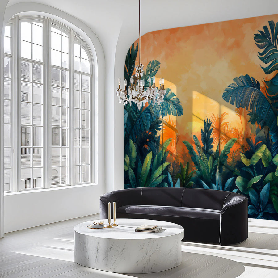 Abstract Tropical Foliage at Sunset Mural Wallpaper Colorful and Modern Art Mural Wallpaper