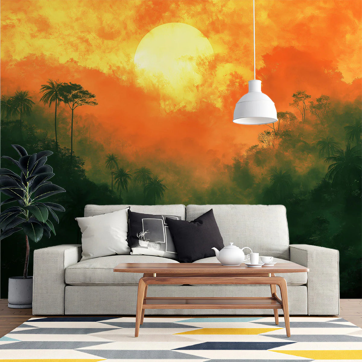 Misty Jungle Sunset with Palm Trees Mural Wallpaper Ethereal Tropical Art Mural Wallpaper - pure wallpaper artwork