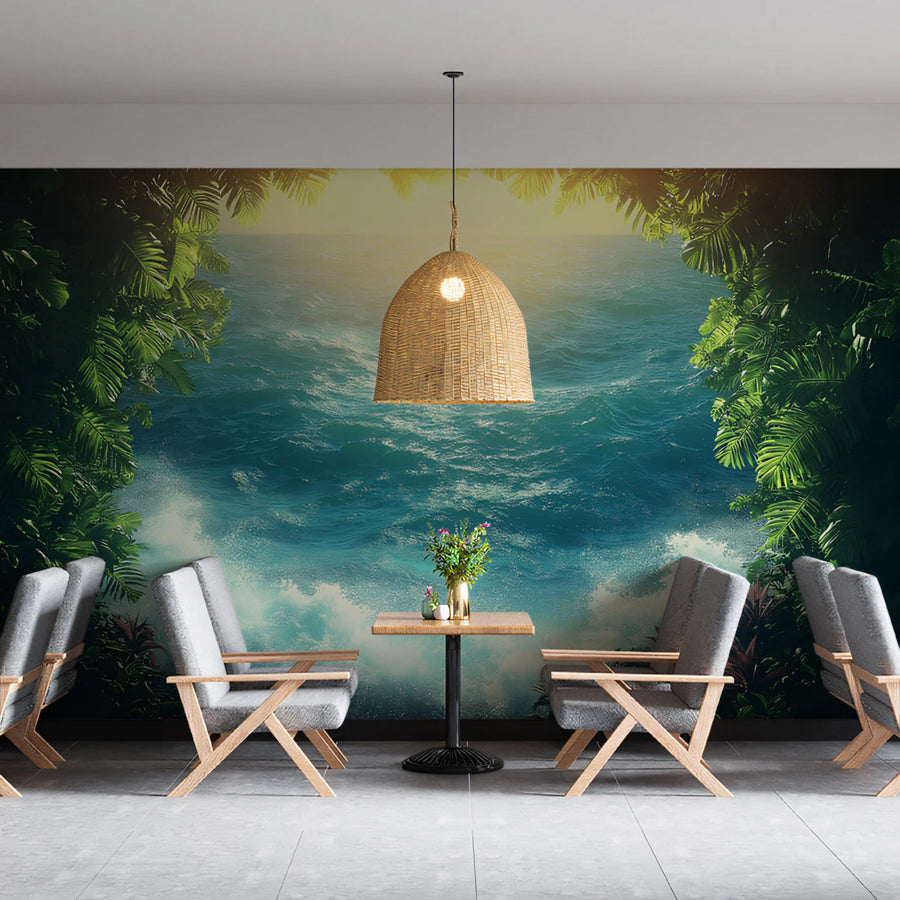 Glimmering Ocean View from a Tropical Cave Mural Wallpaper Exotic Coastal Art Mural Wallpaper