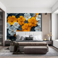 Colorful Floral Pattern with Golden and White Flowers Mural Wallpaper Abstract Botanical Art Mural Wallpaper - pure wallpaper artwork