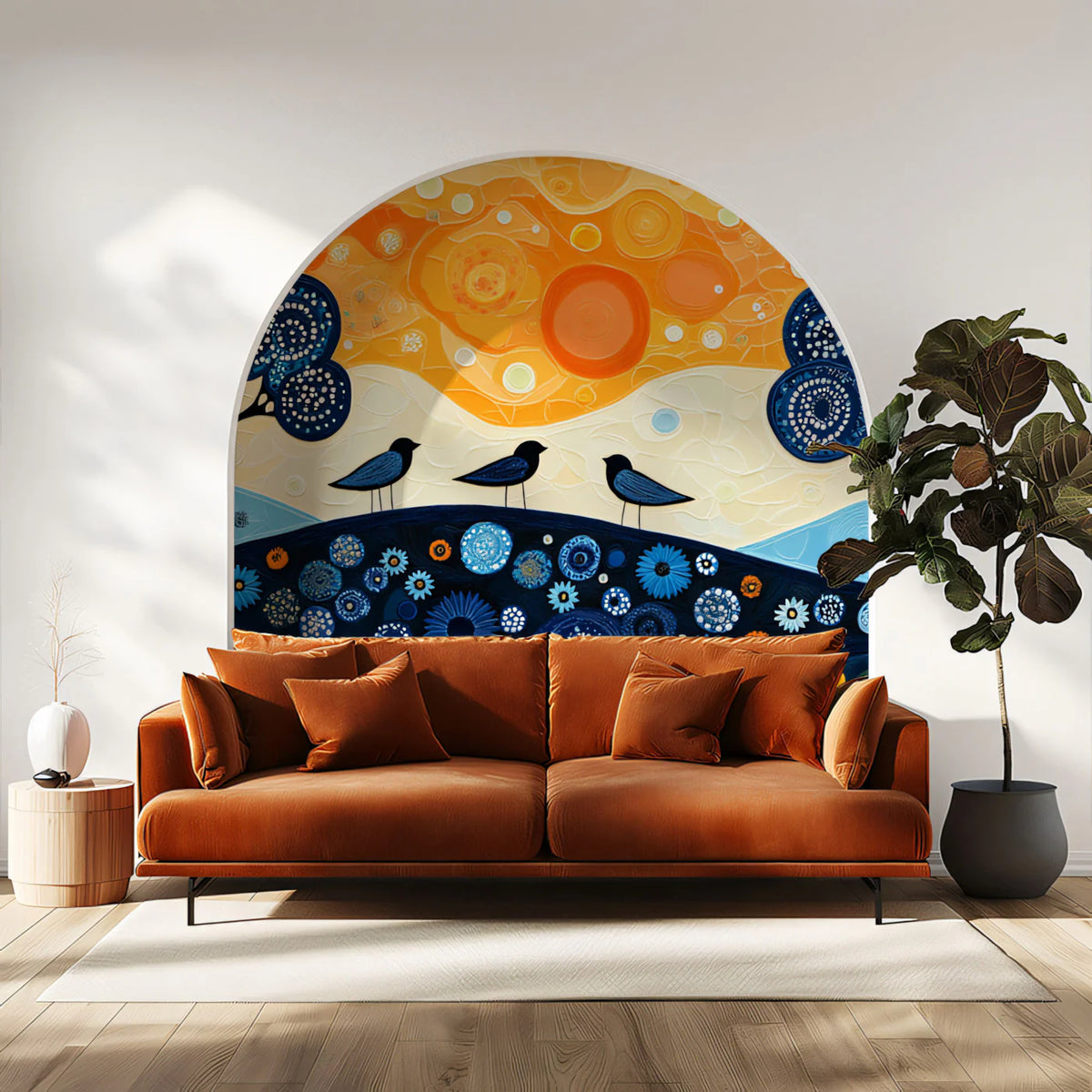 Folk Art Landscape Mural Wallpaper with Blue Trees and Birds Mural Wallpaper - pure wallpaper artwork