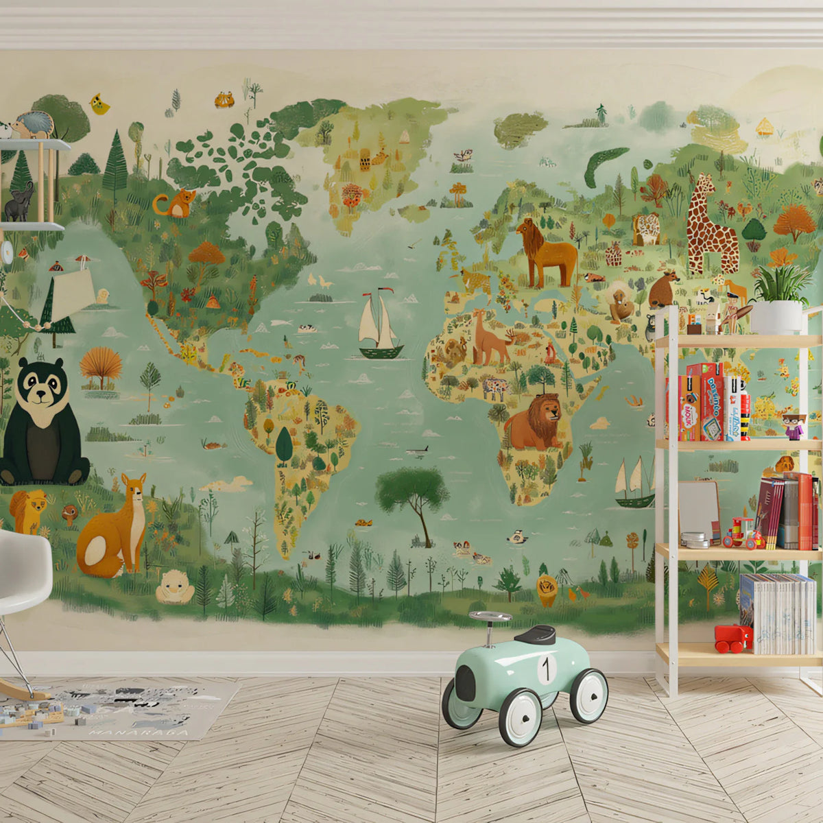 Whimsical World Map with Animals Mural Wallpaper Cute and Educational Art Mural Wallpaper - pure wallpaper artwork