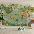 Whimsical World Map with Animals Mural Wallpaper Cute and Educational Art Mural Wallpaper - pure wallpaper artwork