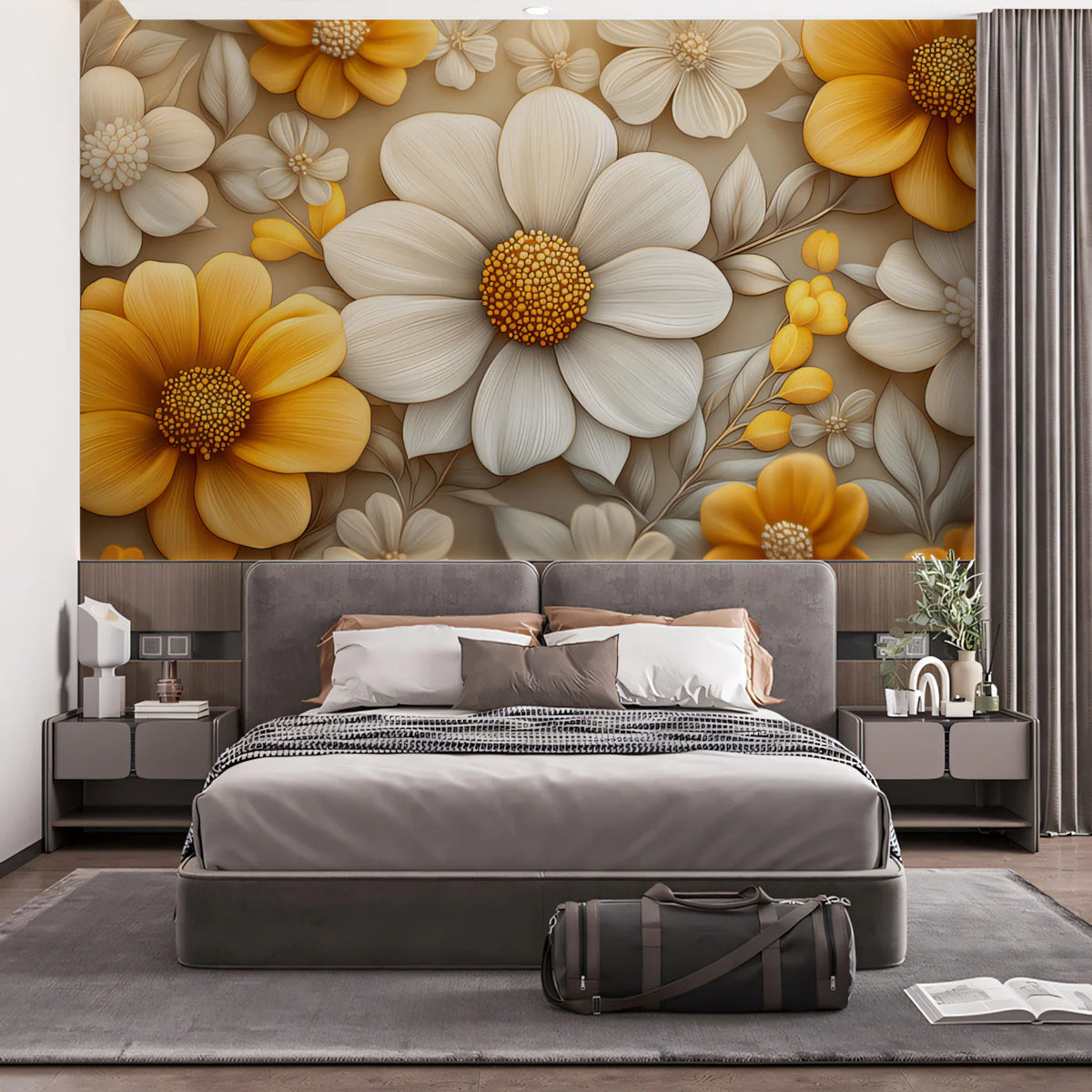 Elegant Floral Pattern with Golden and White Flowers Mural Wallpaper Serene Botanical Art Mural Wallpaper - pure wallpaper artwork