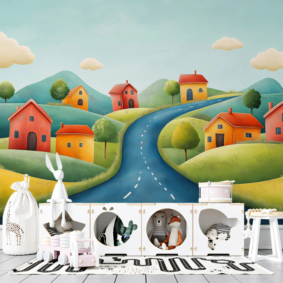 Storybook Village Road Mural Wallpaper — Whimsical Landscape Mural Wallpaper - pure wallpaper artwork