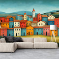 Tuscan Hillside Village Mural Wallpaper — Vibrant Painted Scene Mural Wallpaper - pure wallpaper artwork
