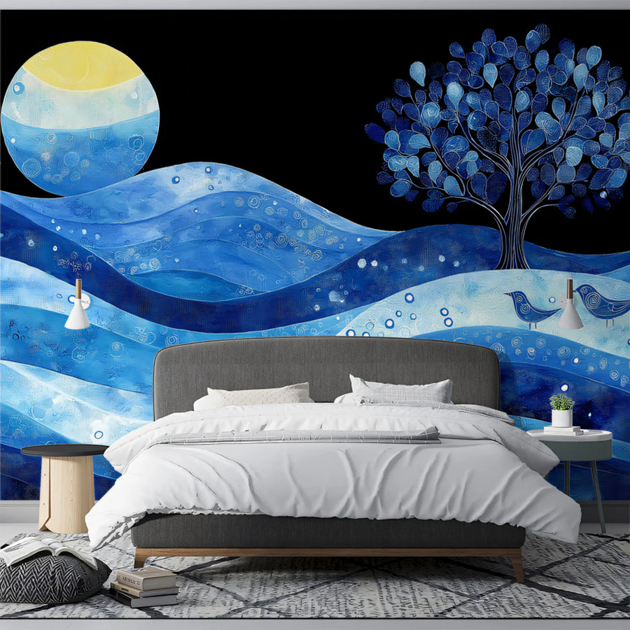 Moonlit Blue Landscape Mural Wallpaper — Whimsical Night Scene Mural Wallpaper