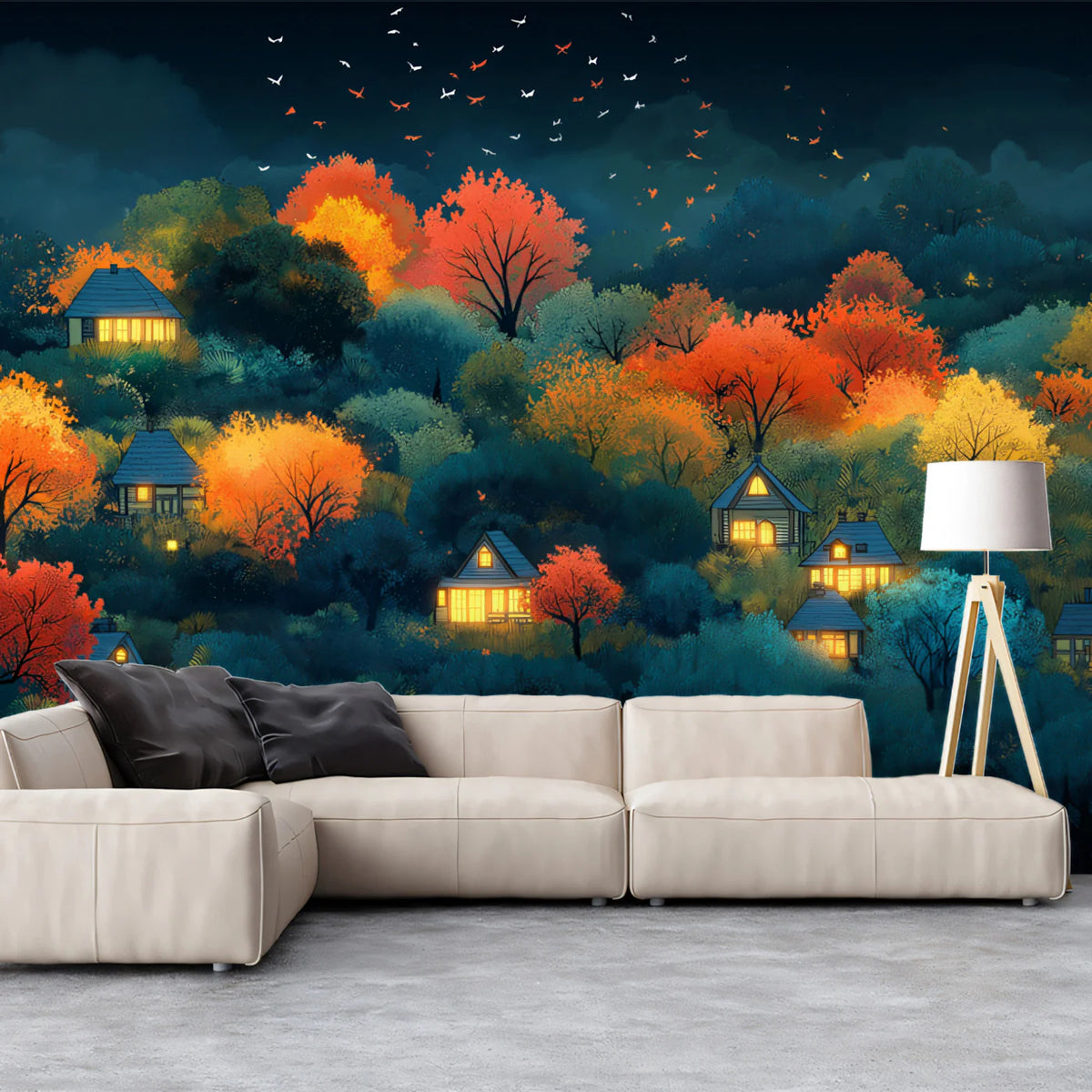 Glowing Village in a Misty Autumn Forest Mural Wallpaper Ethereal and Magical Scene Mural Wallpaper - pure wallpaper artwork