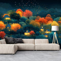 Glowing Village in a Misty Autumn Forest Mural Wallpaper Ethereal and Magical Scene Mural Wallpaper - pure wallpaper artwork