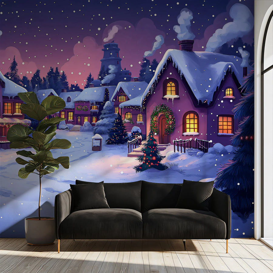 Snowy Christmas Village Mural Wallpaper — Festive Holiday Night Scene Mural Wallpaper