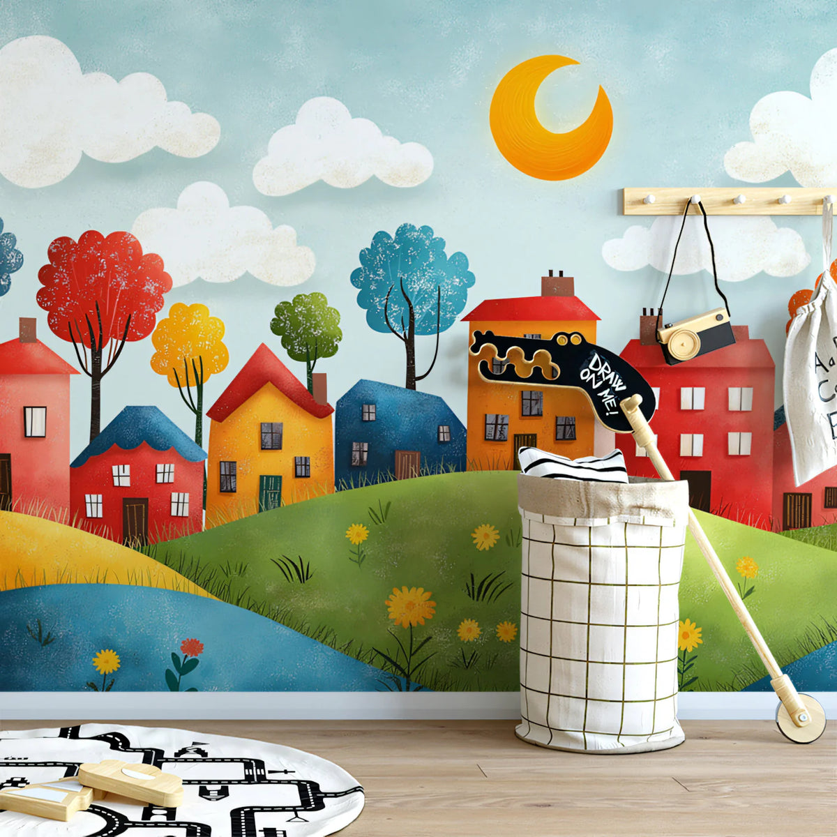 Colorful Village Landscape Mural Wallpaper — Whimsical Townscape Mural Wallpaper - pure wallpaper artwork