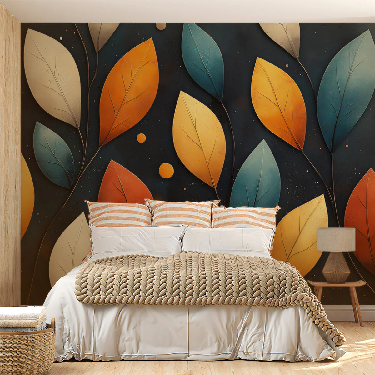 Stylized Colorful Leaves on Branches Mural Wallpaper Modern Folk Art Pattern Mural Wallpaper - pure wallpaper artwork