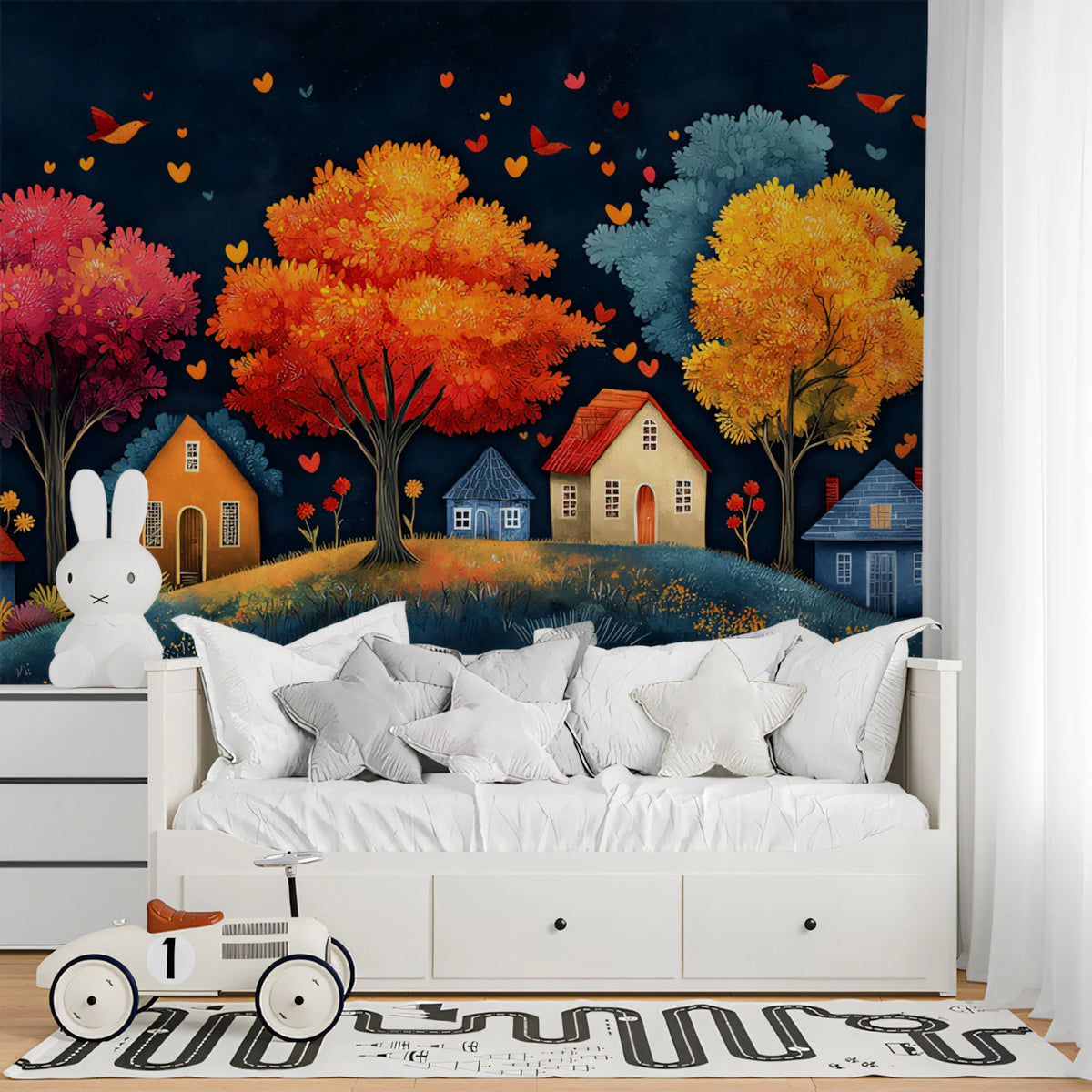 Whimsical Autumn Village at Night Mural Wallpaper Storybook Landscape Mural Wallpaper - pure wallpaper artwork