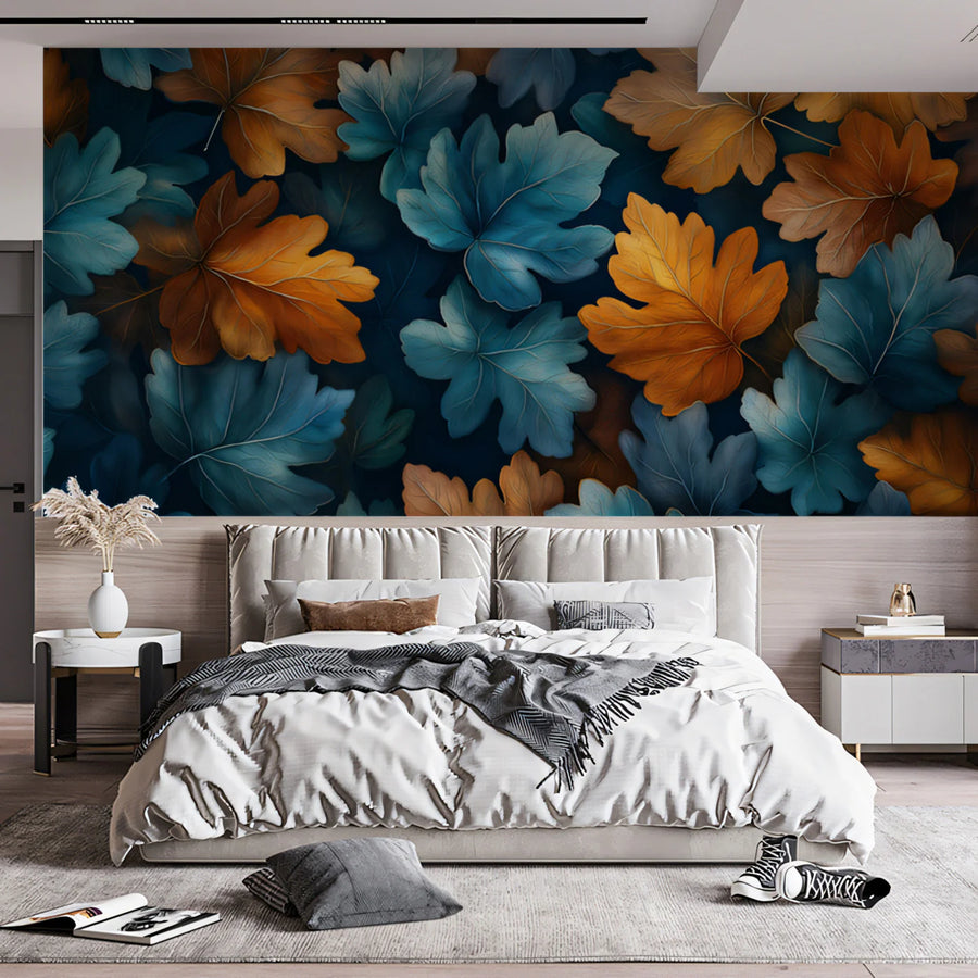 Abstract Blue and Orange Autumn Leaves Mural Wallpaper Modern Fall Pattern Mural Wallpaper