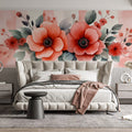 Vintage Pink and White Stripes with Floral Mural Wallpaper Retro Botanical Art Mural Wallpaper - pure wallpaper artwork