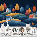 Colorful Autumn Village in a Dark Landscape Mural Wallpaper Whimsical Night Scene Mural Wallpaper - pure wallpaper artwork