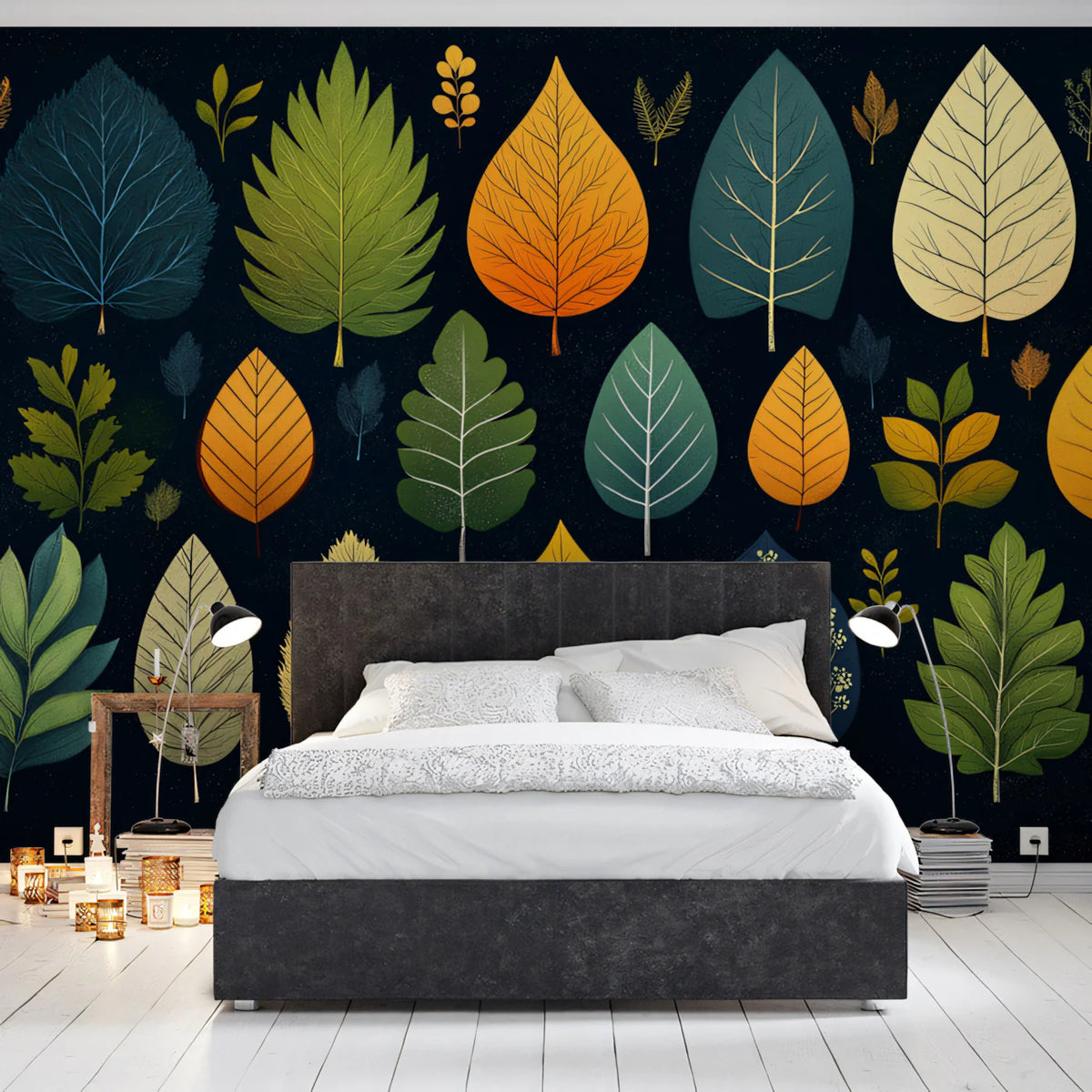 Stylized Autumn Leaves Pattern Mural Wallpaper Colorful Botanical Art Mural Wallpaper - pure wallpaper artwork