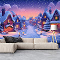 Snow-Covered Winter Village Mural Wallpaper — Twilight Scene Mural Wallpaper - pure wallpaper artwork