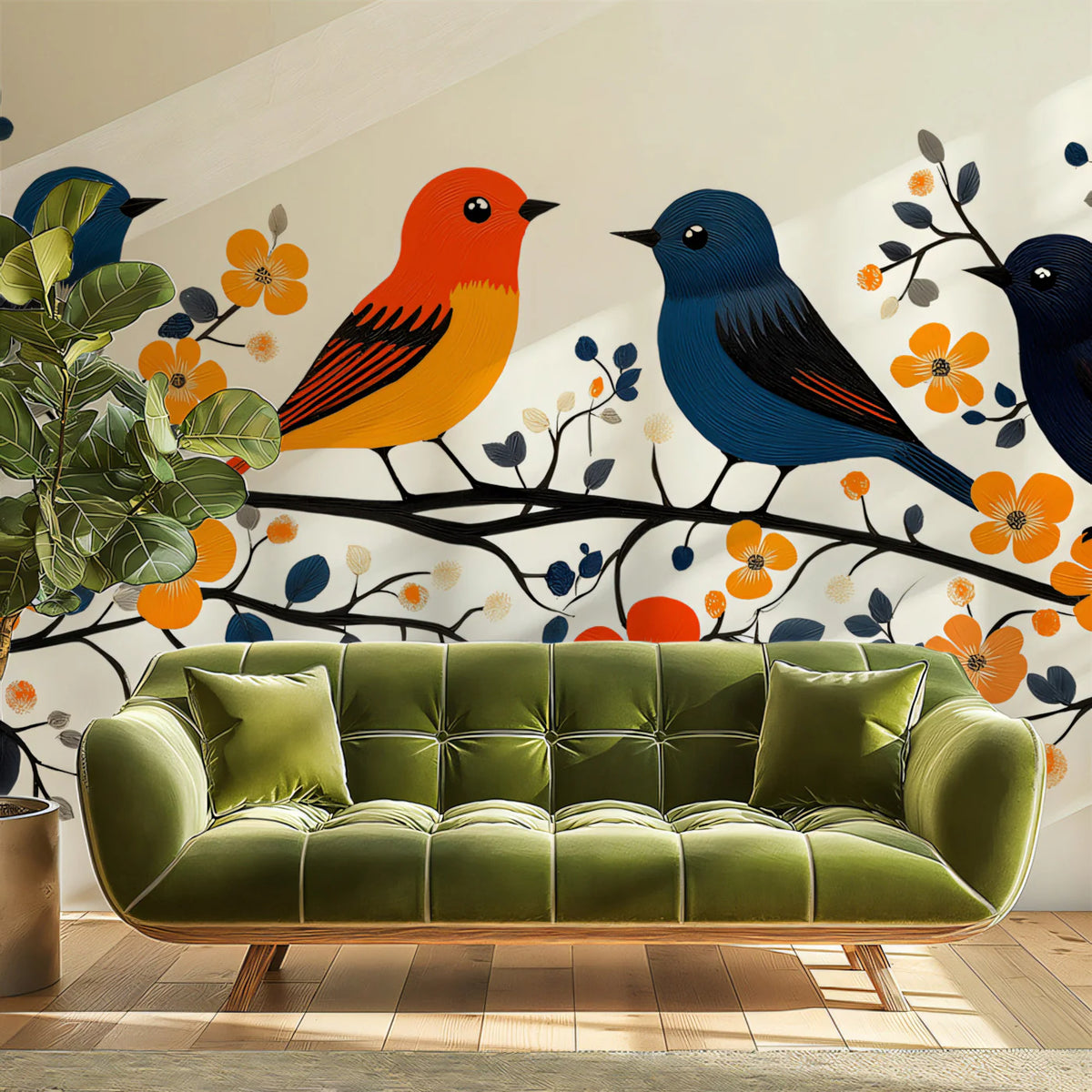 Stylized Songbirds on Flowering Branches Mural Wallpaper - pure wallpaper artwork