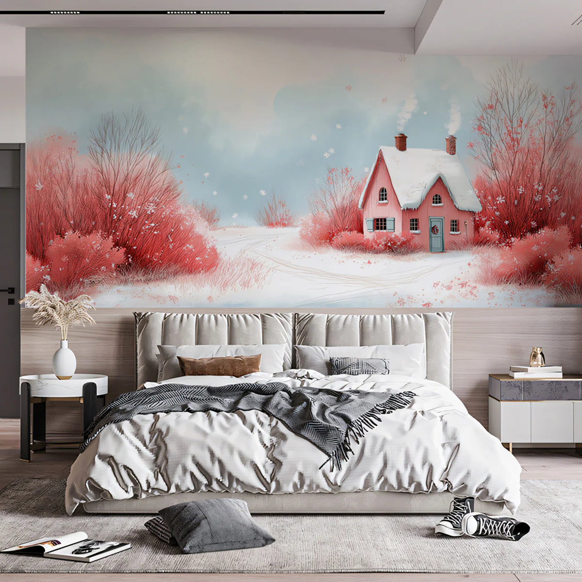 Pink Cottage Winter Landscape Mural Wallpaper —Whimsical Scene Mural Wallpaper - pure wallpaper artwork