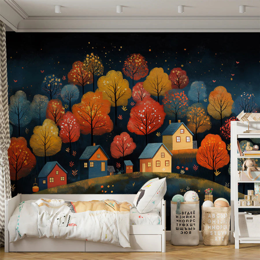 Starry Night Autumn Village on a Hillside Mural Wallpaper Whimsical Fall Scene Mural Wallpaper