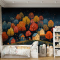 Starry Night Autumn Village on a Hillside Mural Wallpaper Whimsical Fall Scene Mural Wallpaper - pure wallpaper artwork