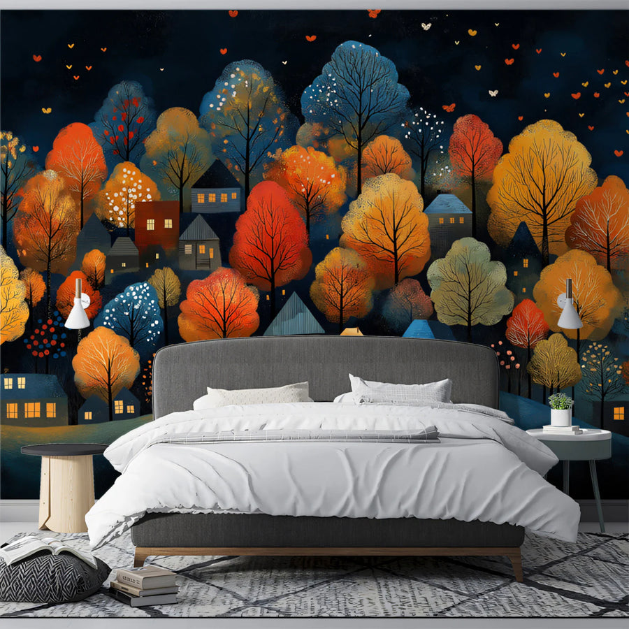 Whimsical Autumn Village at Night Mural Wallpaper Cozy and Colorful Scene Mural Wallpaper