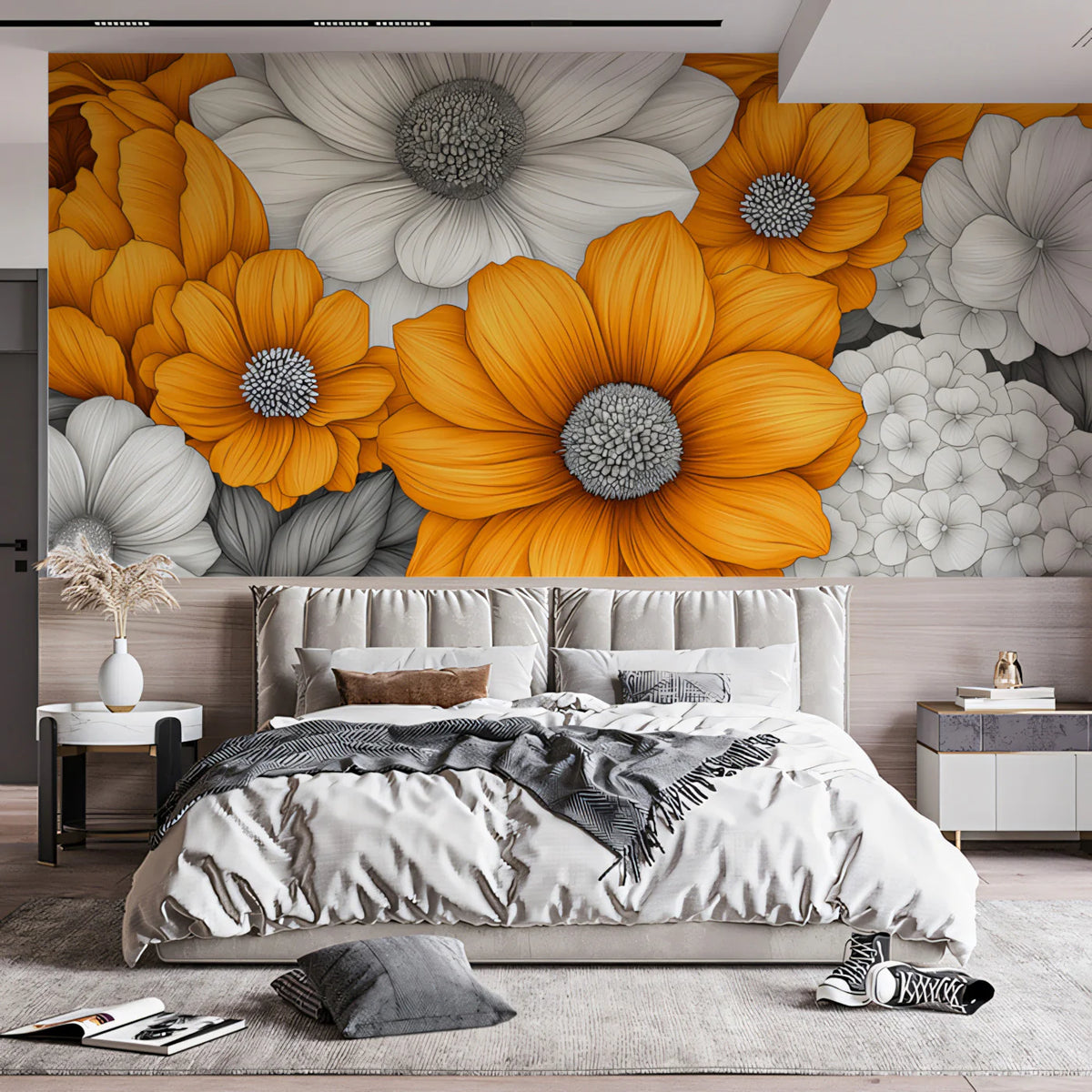 Modern Golden and White Floral Mural Wallpaper High-Contrast Botanical Art Mural Wallpaper - pure wallpaper artwork