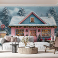 Snowy Christmas Village Mural Wallpaper — Whimsical Winter Scene Mural Wallpaper - pure wallpaper artwork
