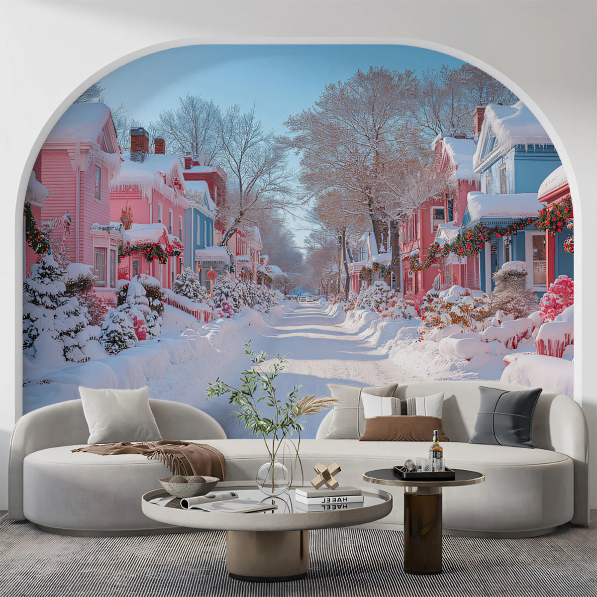 Snowy Pastel Village Street Mural Wallpaper —Whimsical Holiday Scene Mural Wallpaper - pure wallpaper artwork