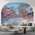 Snowy Pastel Village Street Mural Wallpaper —Whimsical Holiday Scene Mural Wallpaper - pure wallpaper artwork
