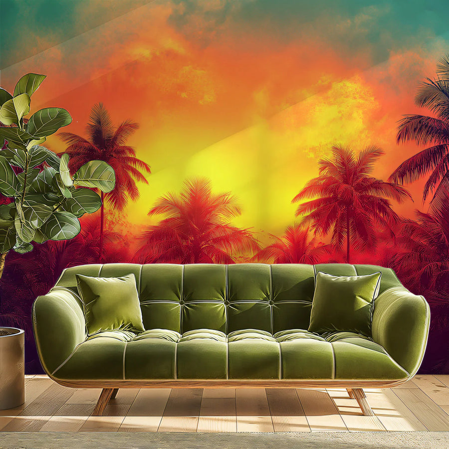 Tropical Palm Trees at Sunset Mural Wallpaper Vibrant and Abstract Art Mural Wallpaper