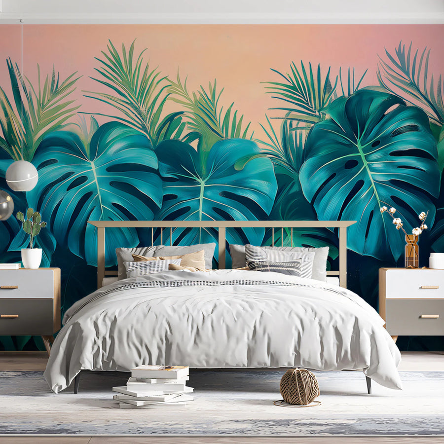 Majestic Tropical Monstera and Palm Leaves Mural Wallpaper Bold Botanical Art Mural Wallpaper