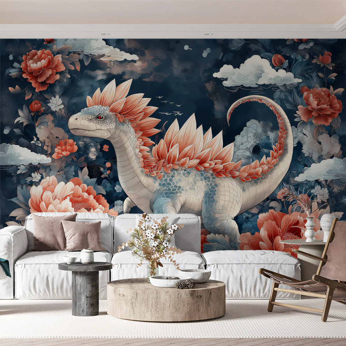 Stegosaurus Floral Field Mural Wallpaper — Whimsical Fantasy Art Mural Wallpaper - pure wallpaper artwork