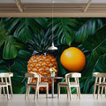 Tropical Monstera Leaves with Pineapple and Orange Mural Wallpaper Modern Fruit and Botanical Art Mural Wallpaper - pure wallpaper artwork