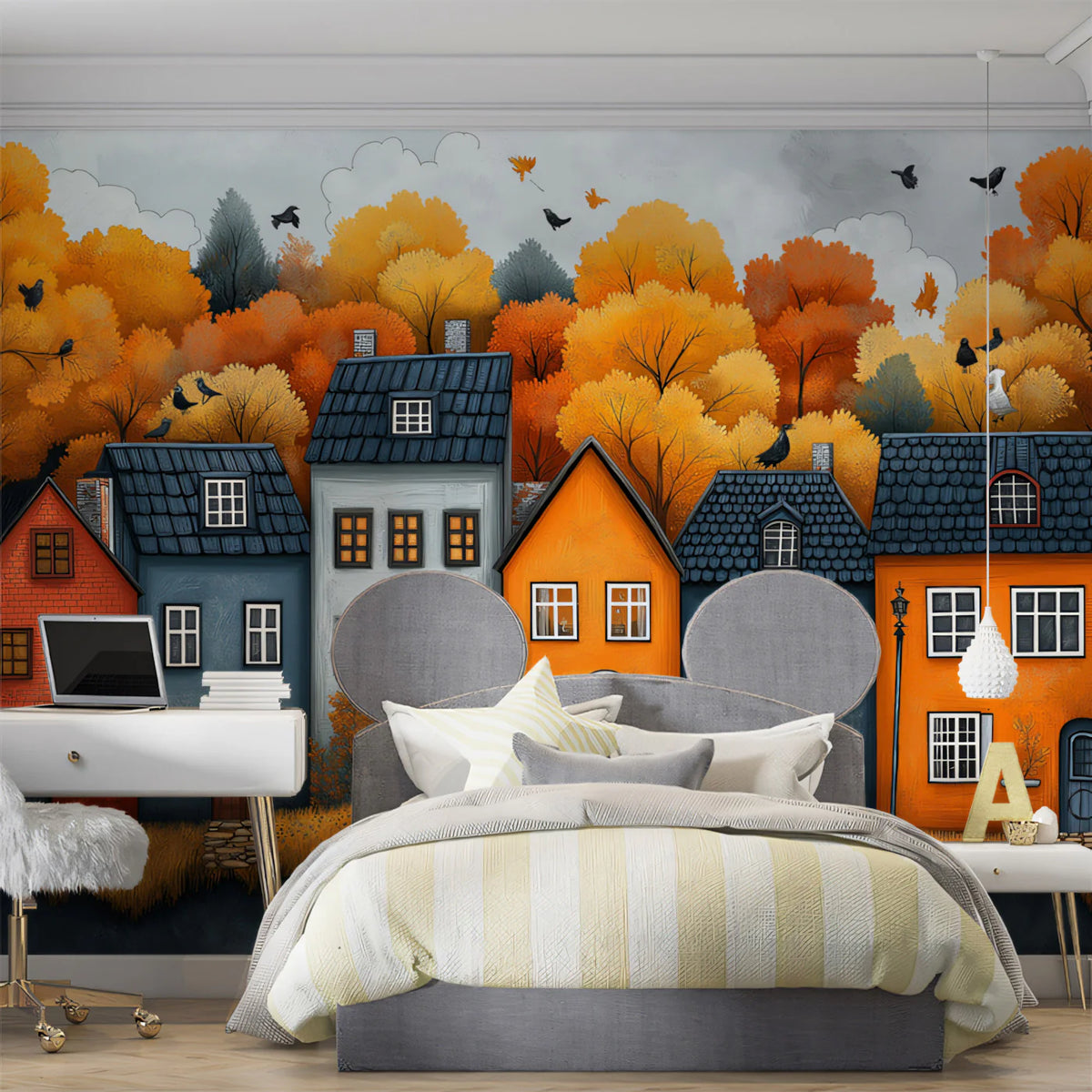 Autumn Village with Textured Houses and Trees Mural Wallpaper Rustic and Colorful Scene Mural Wallpaper - pure wallpaper artwork