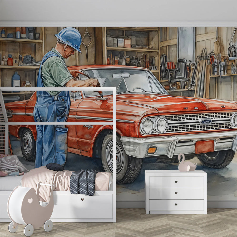 Vintage Car Mechanic Workshop Mural Wallpaper — Artistic Illustration Mural Wallpaper