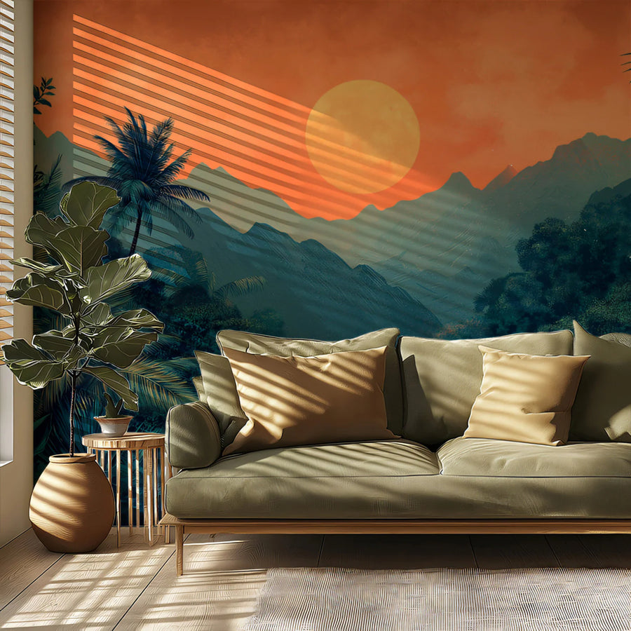 Lush Jungle Landscape at Sunset Mural Wallpaper Tropical and Scenic Art Mural Wallpaper