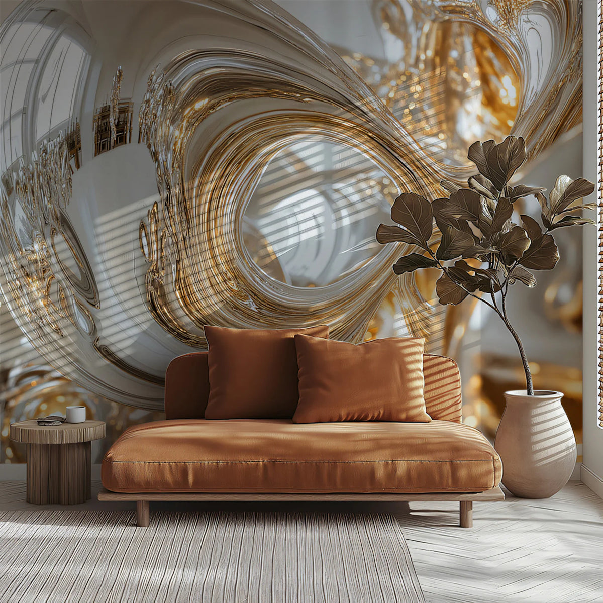Liquid Chrome and Gold Abstract Sculpture Mural Wallpaper - pure wallpaper artwork