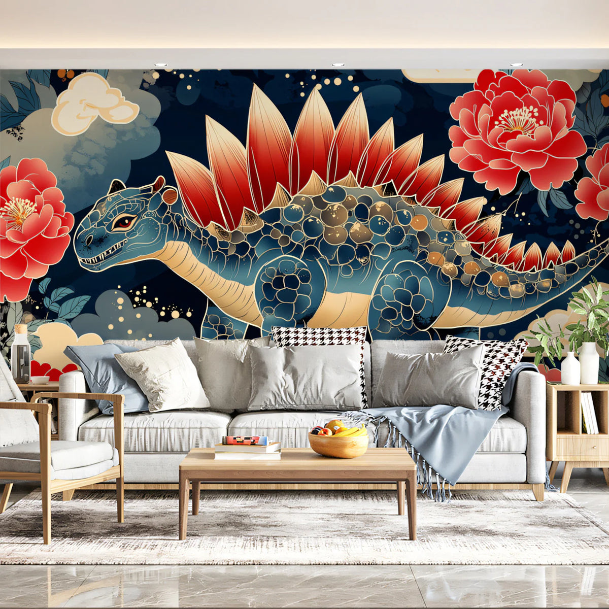 Stegosaurus Floral Night Mural Wallpaper — Whimsical Fantasy Mural Wallpaper - pure wallpaper artwork