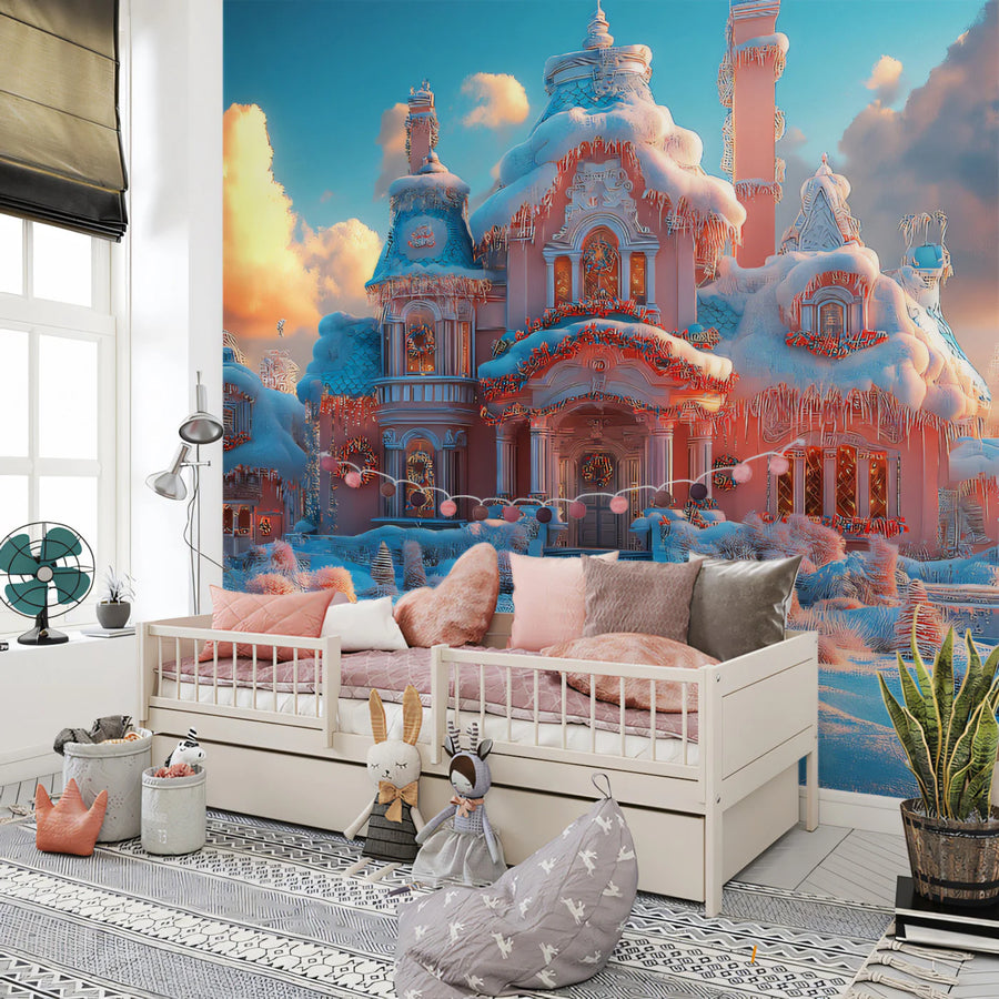 Pink Gingerbread House Mural Wallpaper — Whimsical Winter Scene Mural Wallpaper