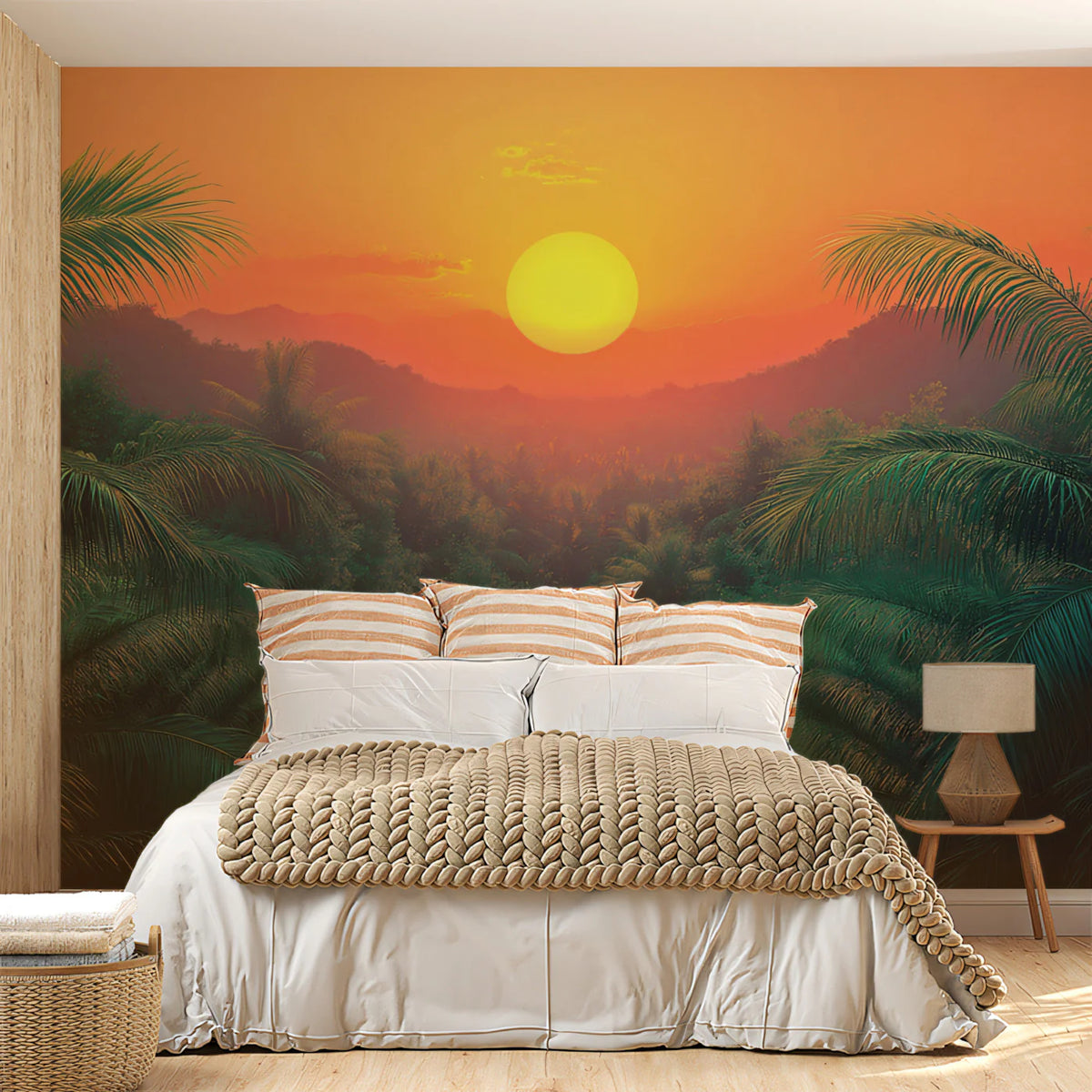 Serene Tropical Sunset with Palm Leaves Mural Wallpaper Peaceful Nature Scene Mural Wallpaper - pure wallpaper artwork