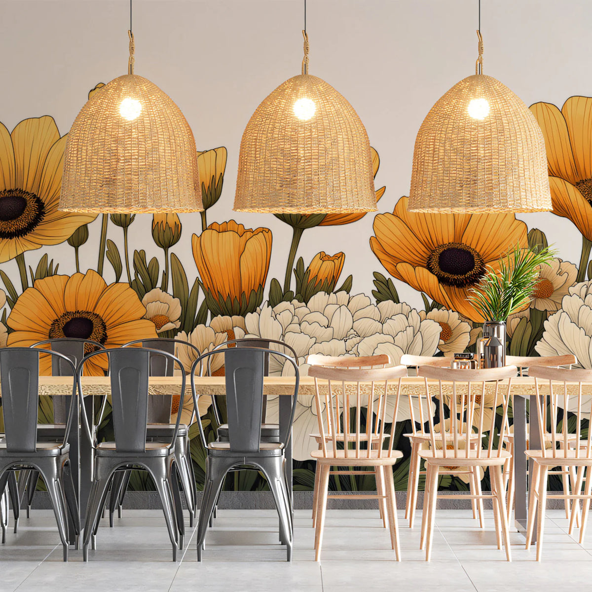 Golden Flowers in a Meadow Mural Wallpaper Vibrant Floral Art Mural Wallpaper - pure wallpaper artwork
