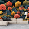 Cozy Autumn Village on a Hillside Mural Wallpaper Whimsical Fall Scene Mural Wallpaper - pure wallpaper artwork