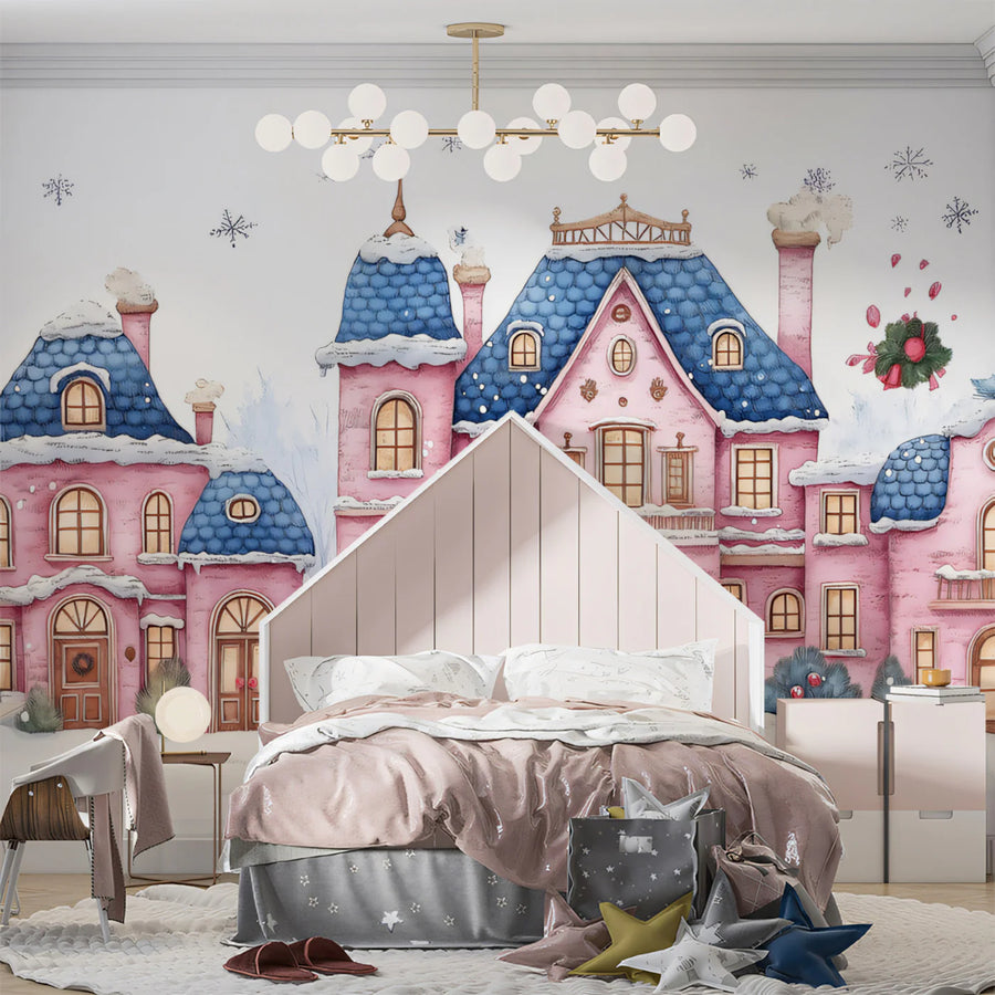 Whimsical Pink Winter Houses Mural Wallpaper Charming Snowy Scene Mural Wallpaper