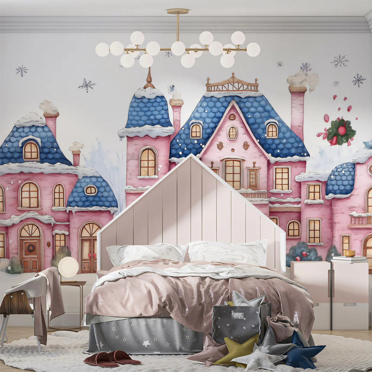 Whimsical Pink Winter Houses Mural Wallpaper Charming Snowy Scene Mural Wallpaper - pure wallpaper artwork